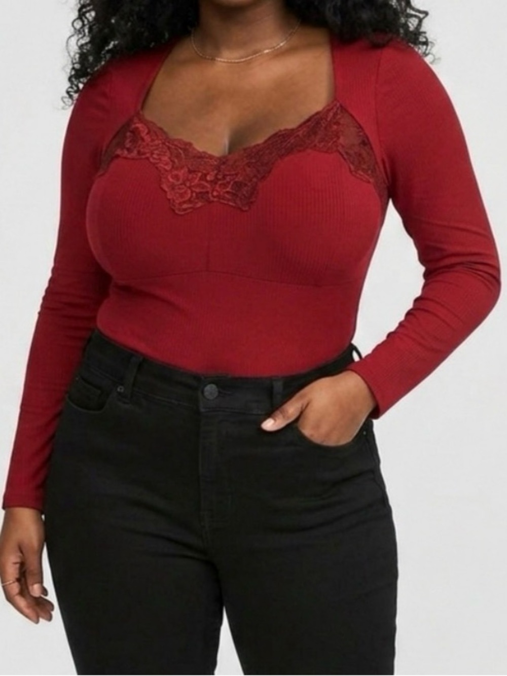 torrid Super Soft Ribbed Lace-Trim Long-Sleeve Top in Wine Red/Rhubarb